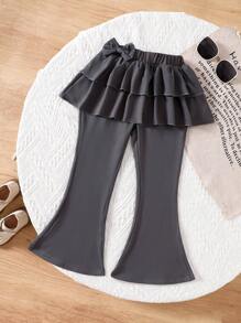 SHEIN Young Girl Grey 2 In 1 Ruffle Flare Pants - Grey - View 1
