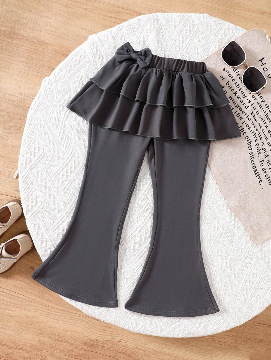 SHEIN Young Girl Grey 2 In 1 Ruffle Flare Pants - Grey - View 1