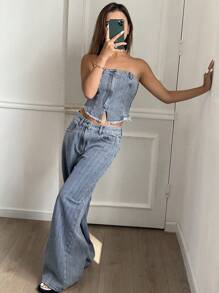 DAZY Conjunto de bralette ajustada y vaqueros de pierna recta estilo vaquero casual desgastado y lavado para mujer - Azul - Ver 6