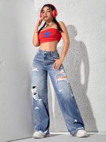 SHEIN EZwear Women's Front Button Pocket Distressed Casual Jeans - Blue - View 5