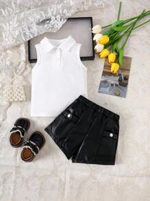 2pcs/Set,Baby Girl Spring&Summer Street Style,Sleeveless ,Open Half Collar Top&Leather Short Pants