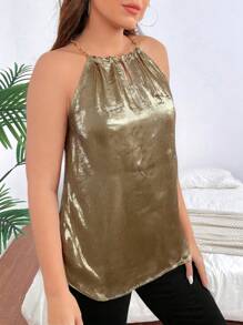 SHEIN Clasi Plus Size Fashionable Metal-Accent Halter Neck Blouse, Gold Top - Gold - View 6