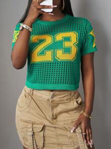 Slaydiva New Spring And Summer Casual Street Sports Style Round Neck Short-Sleeved Yellow Star Pattern 23 Slogan Logo Crocheted Dark Green Women's Sweater-B - Dark Green - View 7