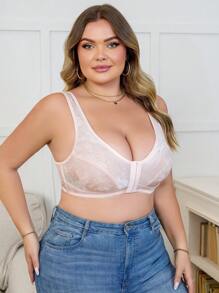 1pc Plus Size Lace Front Closure Full Coverage Jacquard Front Torso Seamless Wirefree Lingerie Bra - Coral Pink - View 5