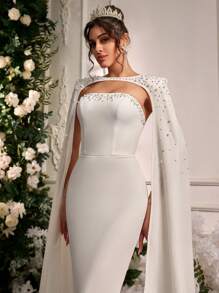 Glamrae 优雅、奢华的水钻装饰弹力针织美人鱼可拆卸尾巴婚纱，适合婚礼、派对、度假、庆典、新娘 - 米色 - 查看 7