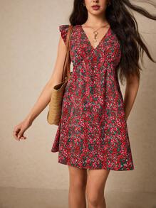 Poéselle Rochie de vară roșie mică cu imprimeu floral și decolteu în V, cu volane și curea, rochie de vară cu mâneci scurte și imprimeu floral mic
