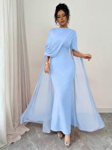 Rafferiza Elegant French Fashion Gown, Wrap Around Sheer Frill Shoulder Design, High Slit Waist Tight Bodycon Party/Banquet Dress, Stretch Knit Red Long Sleeve Dress, Autumn/Winter Fall Cloth For Women - Baby Blue - View 4