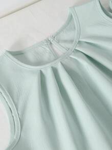 女孩休闲简约圆领无袖宽松纯色衬衫和松紧腰阔腿宽松纯色裤子夏季服装套装 - 薄荷綠 - 查看 5