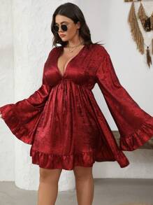 SHEIN Clasi 大码 V 领拼布荷叶边下摆短款金属面料连衣裙 - 酒紅色 - 查看 7