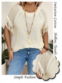 Breezaya Plus Size Boho Round Neck Fringed Casual Daily Wear Spring Summer Short Sleeve Knitwear Top