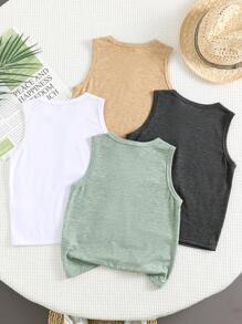 SHEIN 4pcs Baby Boy Summer Casual All-Match Solid Color Knit Vest Set, Versatile Tank Top For Baby Boy - Multicolor - View 2