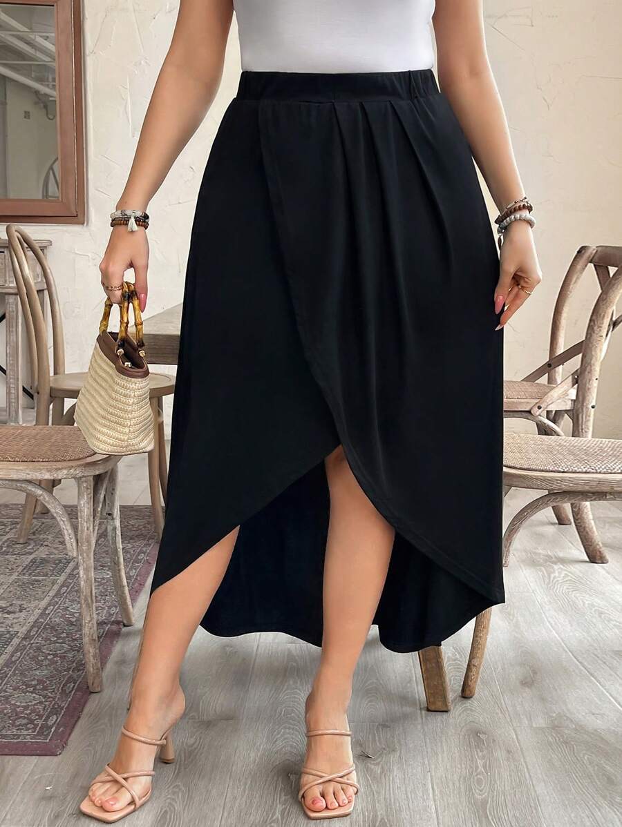 Breezaya Falda midi plisada con envoltura plisada en talla grande - Negro - Ver 1