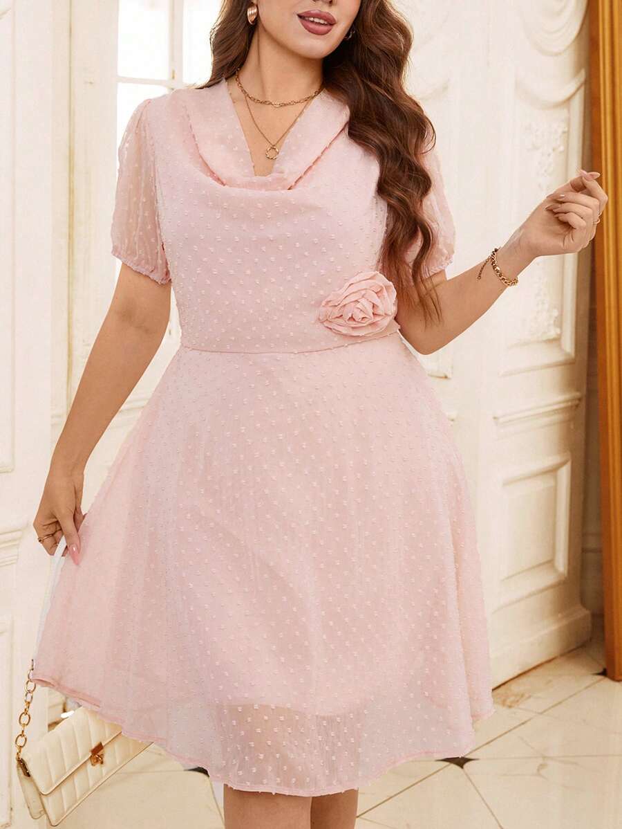 SHEIN Clasi Plus Size Women Solid Hollow-Out Draped Neck Chiffon Dress With Floral Decor, Spring/Summer Wedding Guest Dress