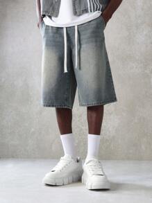 SUMWON 优质宽松牛仔短裤，夏季经典牛仔短裤，可调节抽绳，街头滑板风格百慕大长度休闲短裤