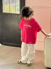 2pcs/Set Tie Dye Design Young Boy Casual Loose Fit Round Neck Short Sleeve T-Shirt And Solid Color Drawstring Waist Pockets Cargo Pants Outfit