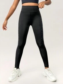 Sparklyn Tween Girl Contrast Panel Phone Pocket Top-stitching Active Leggings - Black - View 4