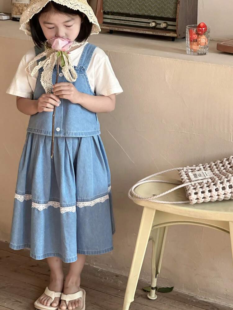 Young Girl Solid Color Patchwork Wide Strap Button Decor Minimalist Top And Denim Skirt Matching Set,Girls Summer Outfits