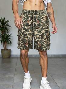 Manfinity Homme Men's Camo Print Drawstring Waist Casual Cargo Shorts - Multicolor - View 3