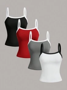 SHEIN Essnce Ladies' Summer Sporty Trainning Color-Block Casual Camisole , 4 Packs Tank Top , Knit Tank Top Tennis Top - Red - View 3