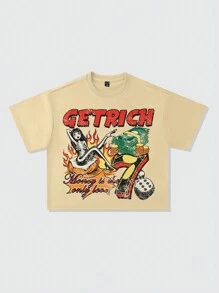 ROMWE MEN Street Life Street Oversized Loose Fit Short Style Printed T-Shirt For Men - Apricot - View 1