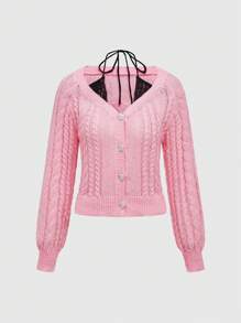 ROMWE Kawaii Heart-Shaped Rhinestone Button Lace Halter Thin Cardigan - Pink - View 1