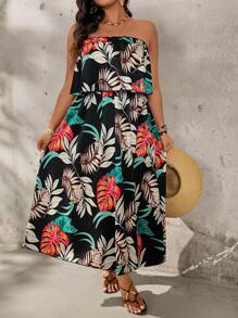 Breezaya Plus Size Ruffled Halter Dress With Large Floral Print, Vacation Style - Multicolor - View 6