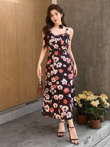 DAZY Women All-Over Floral Print Spaghetti Strap Waist Midi Dress Sundress Boho - Black - View 6