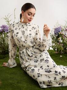 Graceveil 女士雪纺花卉印花浪漫优雅保守阿拉伯长裙，春夏季，端庄 - 白色 - 查看 6