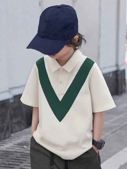 SHEIN Leap Crew Tween Boy Loose Casual Contrast Color Polo Shirt With Turn-Down Collar
