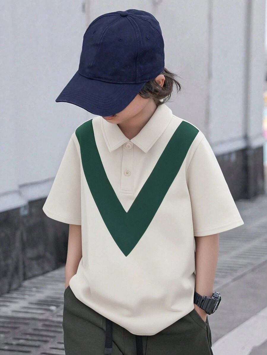 SHEIN Leap Crew 青少年男孩宽松休闲撞色翻领 Polo 衫