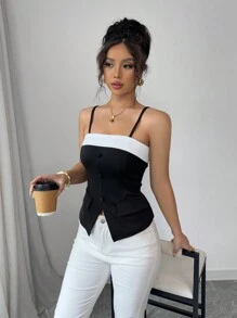 Franclia 休闲女式撞色纽扣背心 - 黑與白 - 查看 4