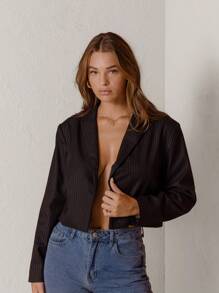 Aralina Áo khoác blazer cắt cúp hở phía trước họa tiết sọc - màu đen - Xem 6