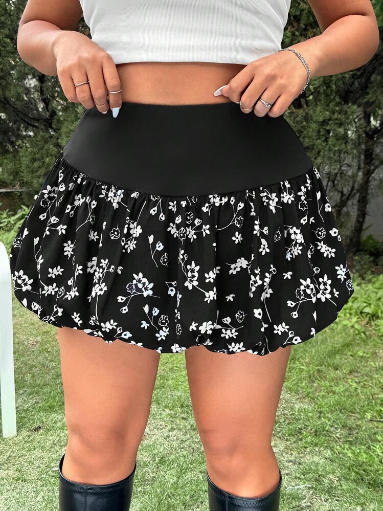 SHEIN EZwear 大码碎花拼布 A 字裙，休闲春夏 - 黑色 - 查看 4