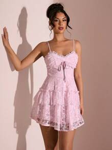 SHEIN BAE Spring & Summer Solid Light Pink Lace Trim Camisole, Fitted Camisole For Valentine's Day Dress, Date Dress, Pink Dress, Lace Dress, Bridesmaid Mini Dress, Birthday Dress, Back To School Dress