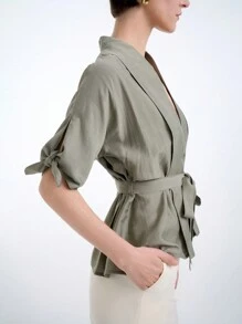 Aalyst Áo cánh tay ngắn cổ chữ V xếp nếp nơ trơn màu cho nữ, phong cách đi làm, xuân/hè - màu xanh lá - Xem 4