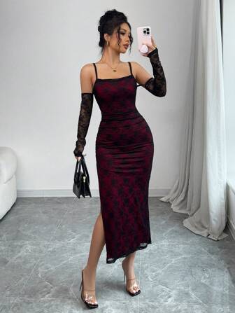 Rafferiza 蕾丝图案露肩无袖修身性感节日派对连衣裙