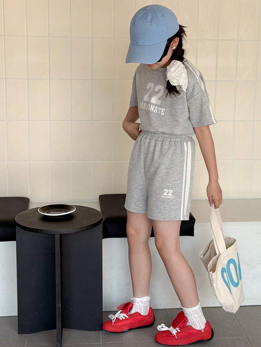 DAZY 2 件套青少年女孩休闲简约短袖上衣和短裤套装,女孩夏季服装,返校服装 - 灰色 - 查看 1