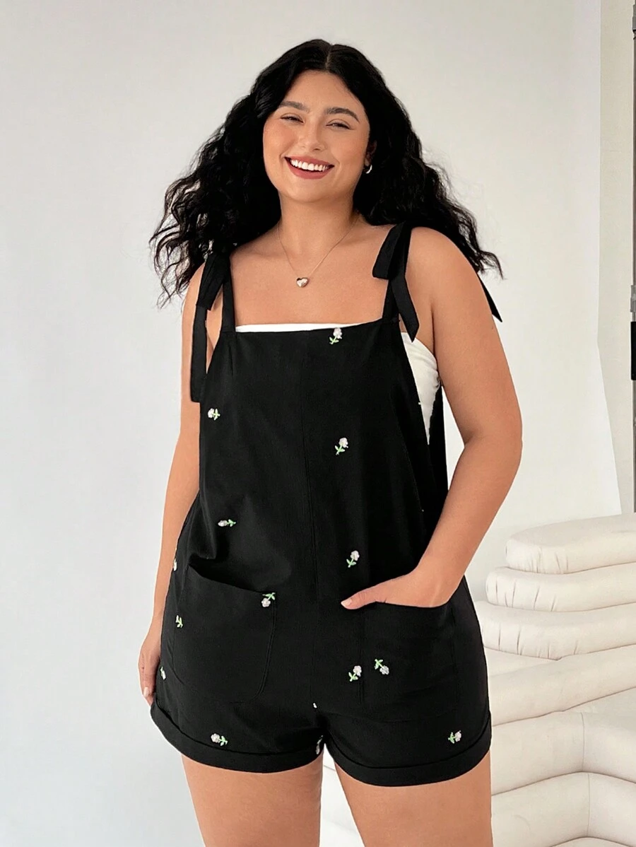 Solflare Bộ đồ liền thân không tay thêu hoa giản dị cỡ lớn dành cho nữ mùa hè - màu đen - Xem 1