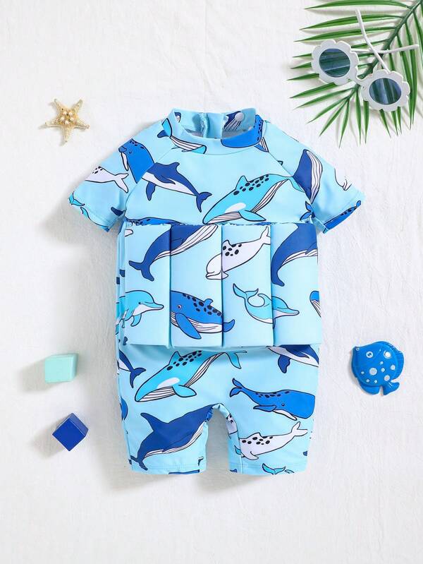 SHEIN Baby Boy Summer Casual Beach Holiday Cute Shark & Dolphin Print Buoyant Swimsuit, Suitable For Beach, Pool, Spa