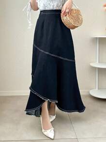 FRIFUL Chân váy denim nữ casual dáng bất đối xứng, chân váy jeans xếp ly - Màu xanh lam - Xem 4