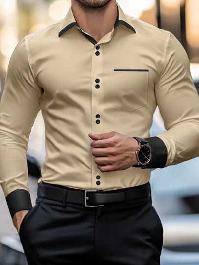 Manfinity Mode Men's Casual Shirt, Simple And Fashionable For Everyday Wear, For Fall, Long Sleeve Top