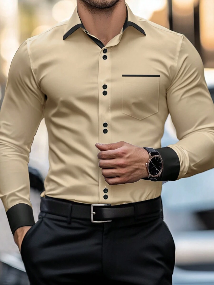 Manfinity Mode Men's Casual Formal Shirt, Simple And Fashionable For Everyday Wear, For Fall, Long Sleeve Top, Ceremony - Khaki - View 1