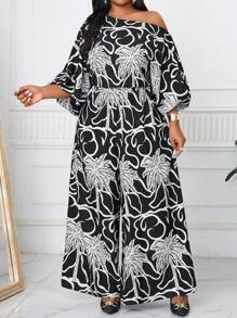 SHEIN Lady 春夏优雅复古工作休闲办公室黑白棕榈叶假日图案编织露肩舞会礼服主教袖露背新款大码连体裤