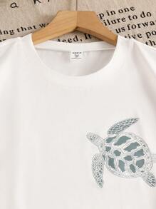 Áo thun họa tiết rùa rộng rãi cho bé gái tuổi teen, thích hợp mặc đi biển mùa hè - trắng - Xem 3