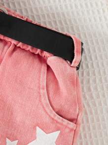 SHEIN Infant/Baby Girls' Fashion Sweet Streetwear Pink Washed Denim Top With Star Print, Matching Printed Shorts Set, Summer - Pink - View 7