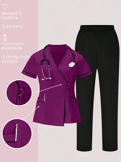 TaskEZ 2 pièces Ensemble uniforme composé d'un Top à manches courtes avec bordure contrastée et d'un pantalon de couleur unie, ensemble de blouses de travail