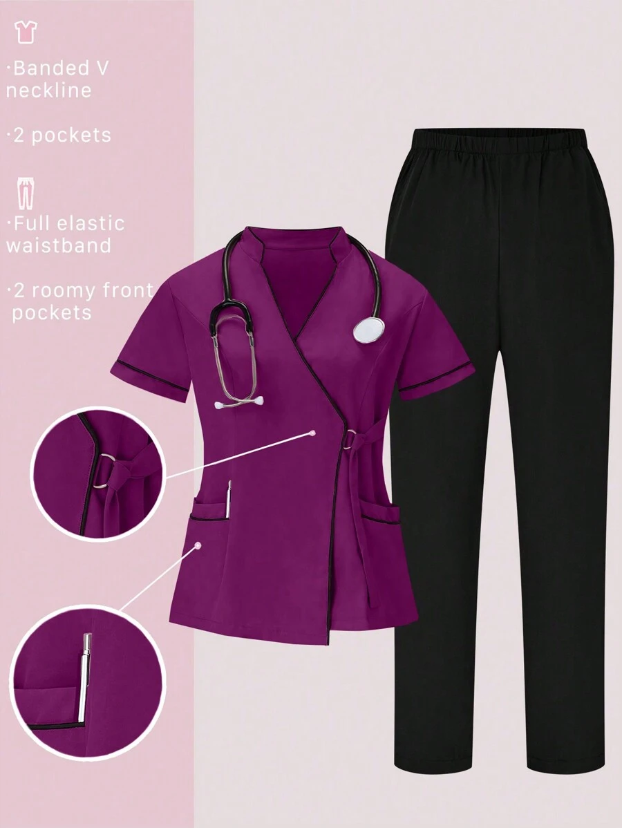 TaskEZ 2 件套撞色边饰休闲短袖上衣和纯色长裤制服套装，手术服套装 - 中紫紅色 - 查看 1