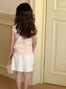 DAZY Young Girl Bow Decor Round Neck Cap Sleeve Sweater & Pleated Skirt 2 Pieces Set,Girls Summer Outfits - Pink - View 2