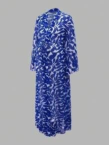 SHEIN Maternity Kimono With Blue Silhouette & Floral Print, Elegant, For Summer Beach Vacation
