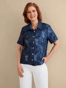 EMERY ROSE Women Casual Solid Color Cut-Out Short Sleeve Shirt - Blue - View 4